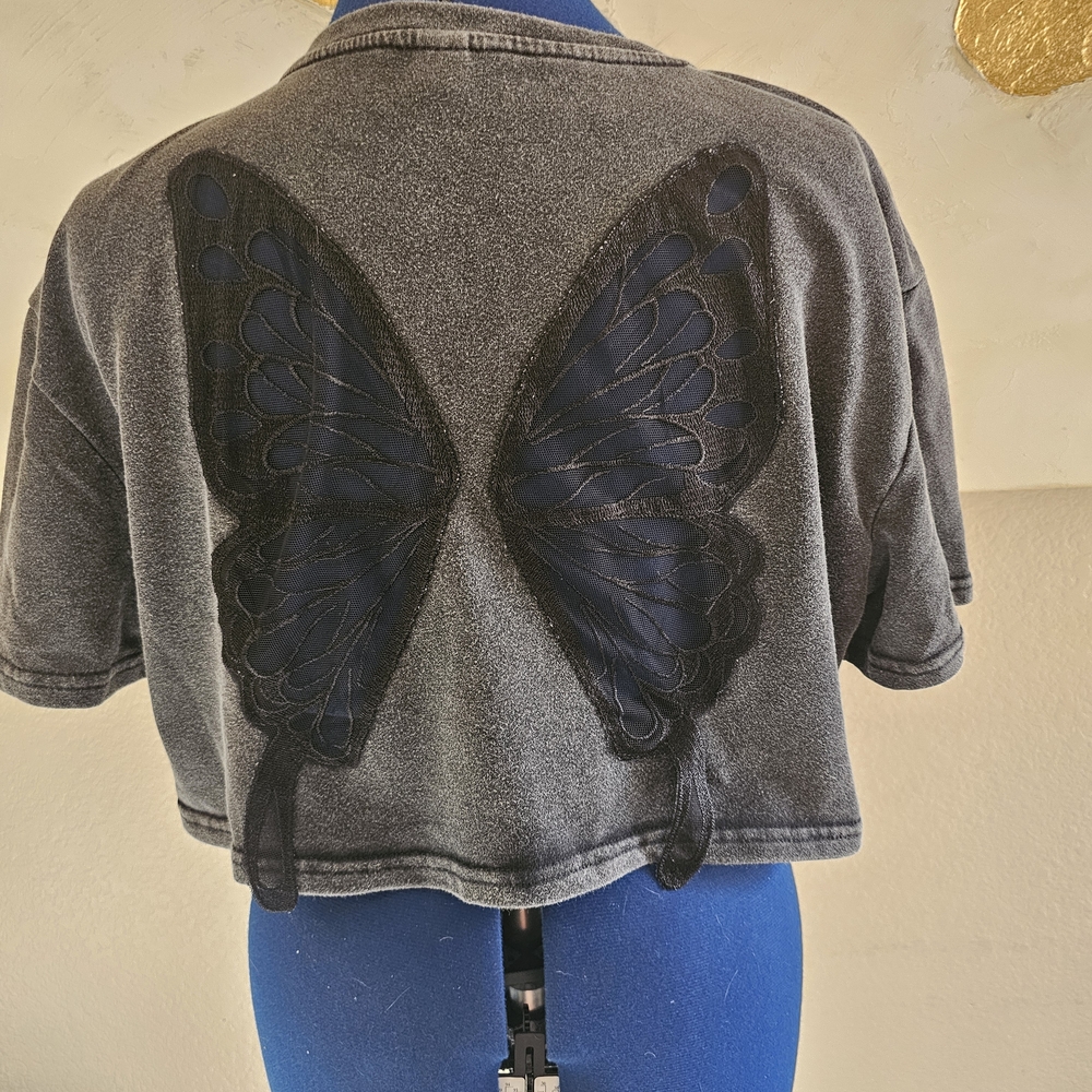 SHEIN Gray Crop Top with Black Butterfly Design
